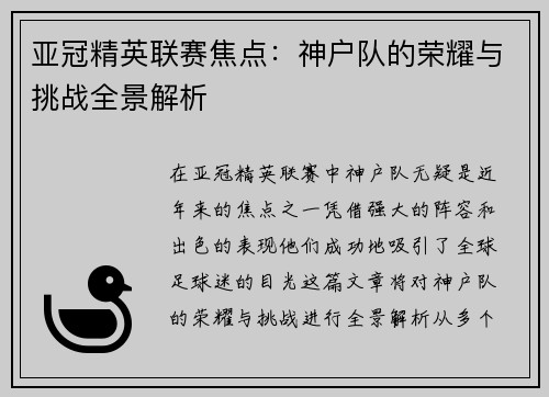 亚冠精英联赛焦点：神户队的荣耀与挑战全景解析